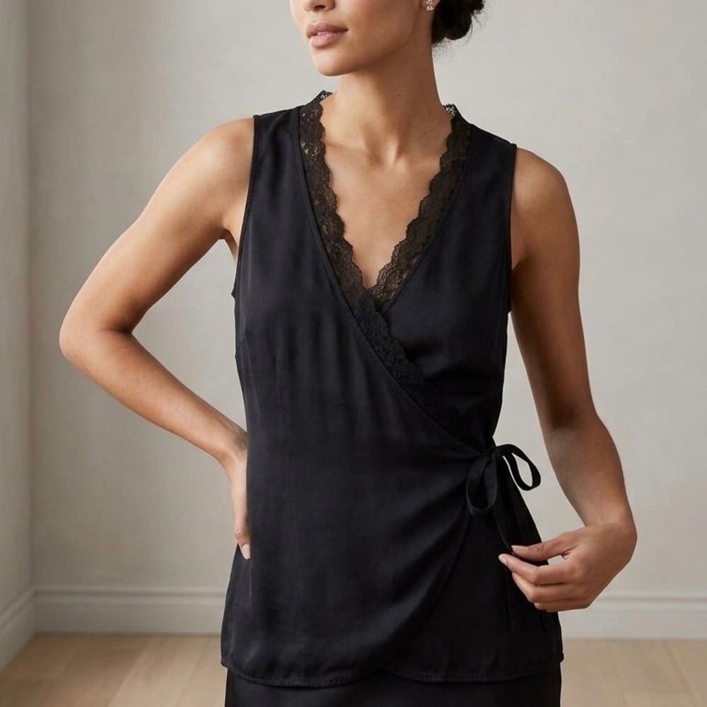 Banana Republic 100% Silk Lace Trim Wrap Top Sleeveless Small Feminine Ballet
